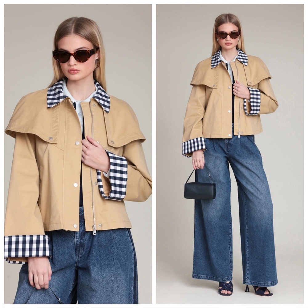 Avec Les Filles Khaki Gingham Trim Cotton Cape Jacket NWT SOLD OUT Size Large